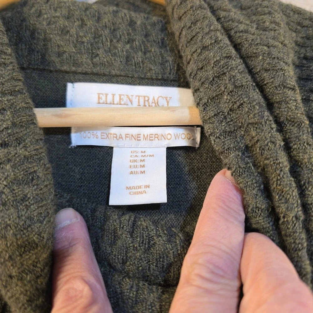 Ellen Tracy Extra Fine Merino Wool Cowl Neck Buckle Sweater Olive Green Womens M